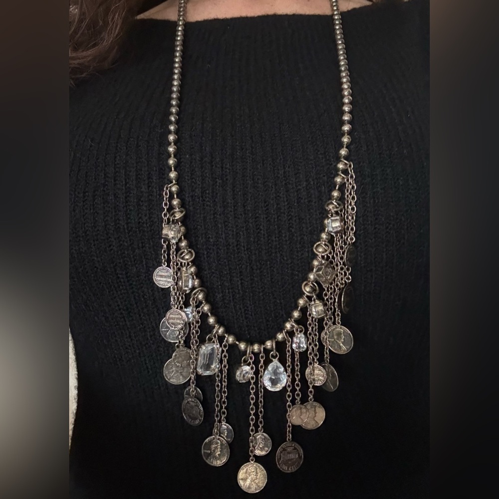 Furla Coin & Rhinestone Long Necklace – 36” – Silver Tone